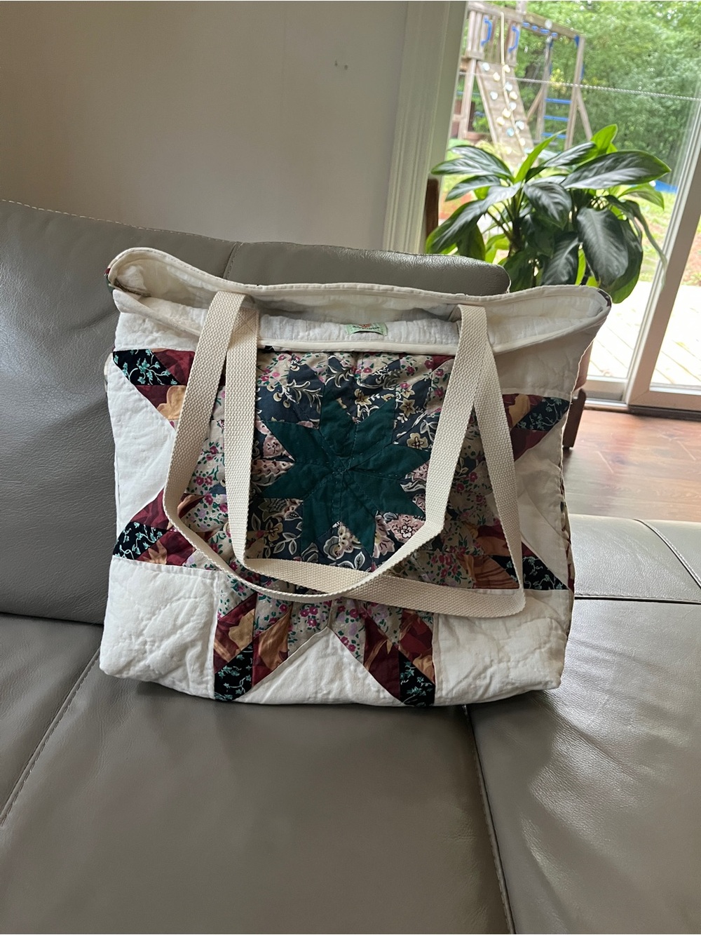 Quilted Patchwork Tote Bag in Cream and Green